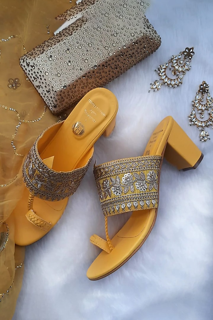 Yellow Hand Embroidered Heels by IRA SOLES
