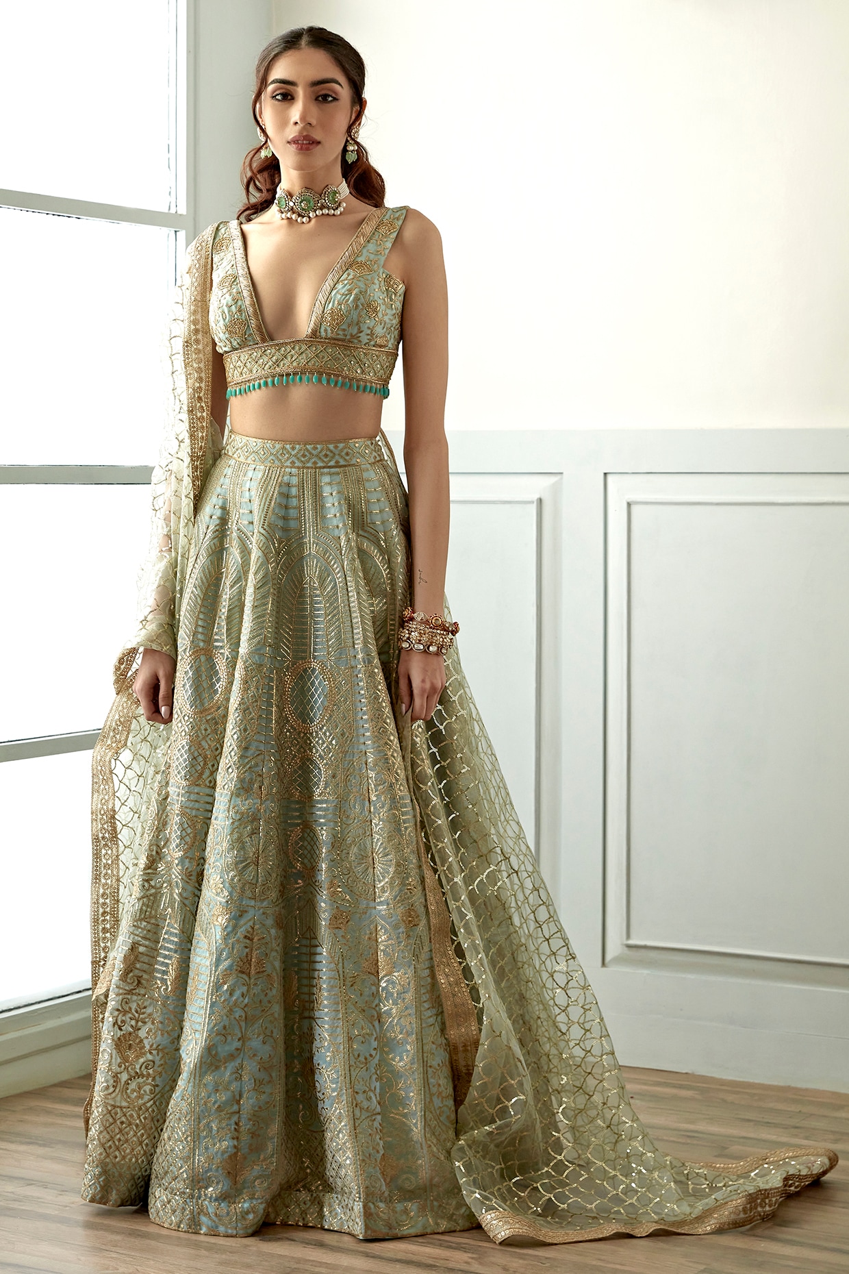 Turquoise Color Crepe Material Lehenga With Sequins Work