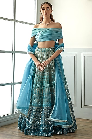 Blue Ombre Organza Embellished Lehenga Set by Studio Iris