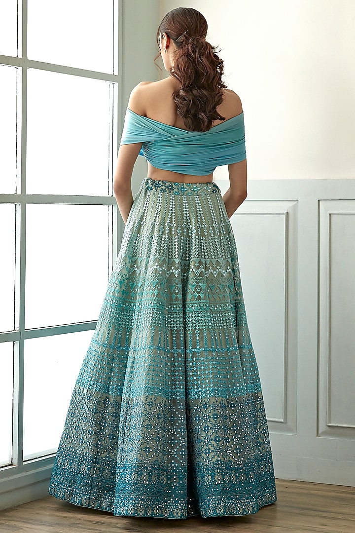 Blue Ombre Organza Embellished Wedding Lehenga Set by Studio Iris at Pernia's Pop Up Shop
