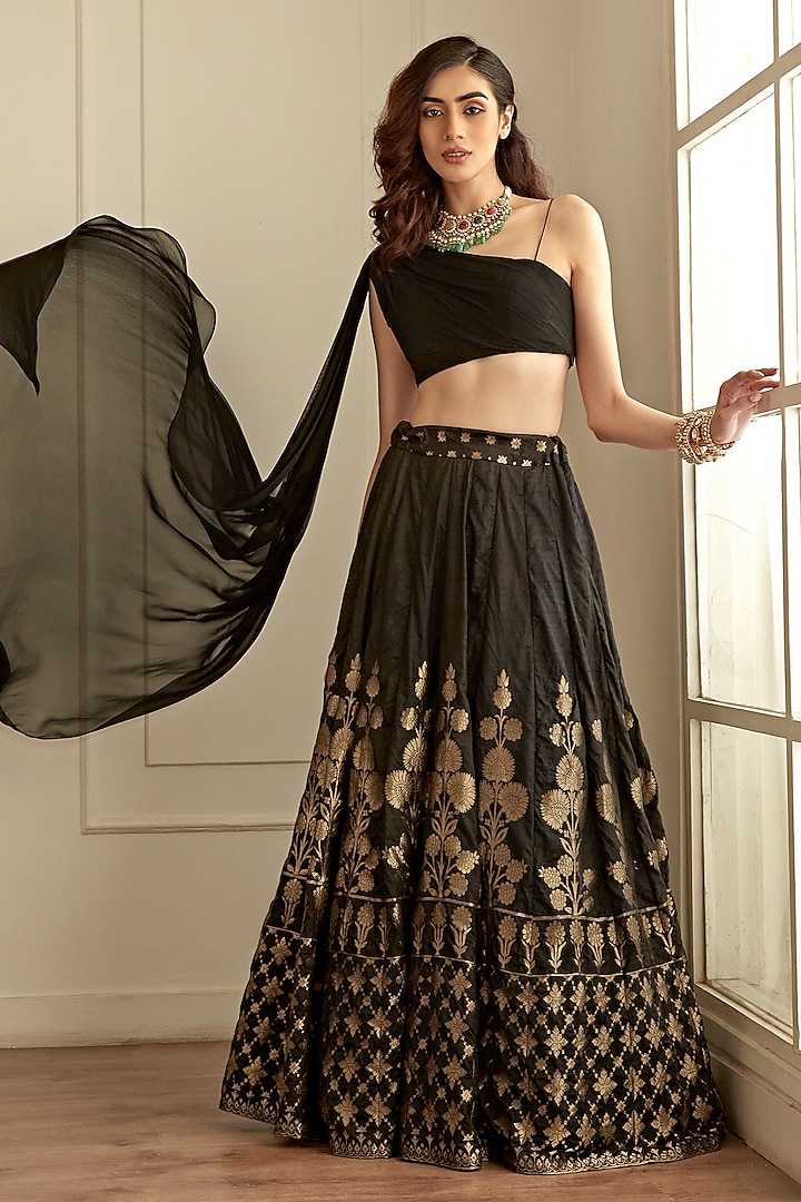 Jet Black Banarasi Silk Skirt Set by Studio Iris