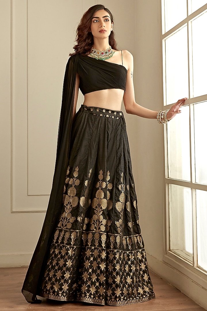 Jet Black Banarasi Silk Skirt Set by Studio Iris at Pernia's Pop Up Shop