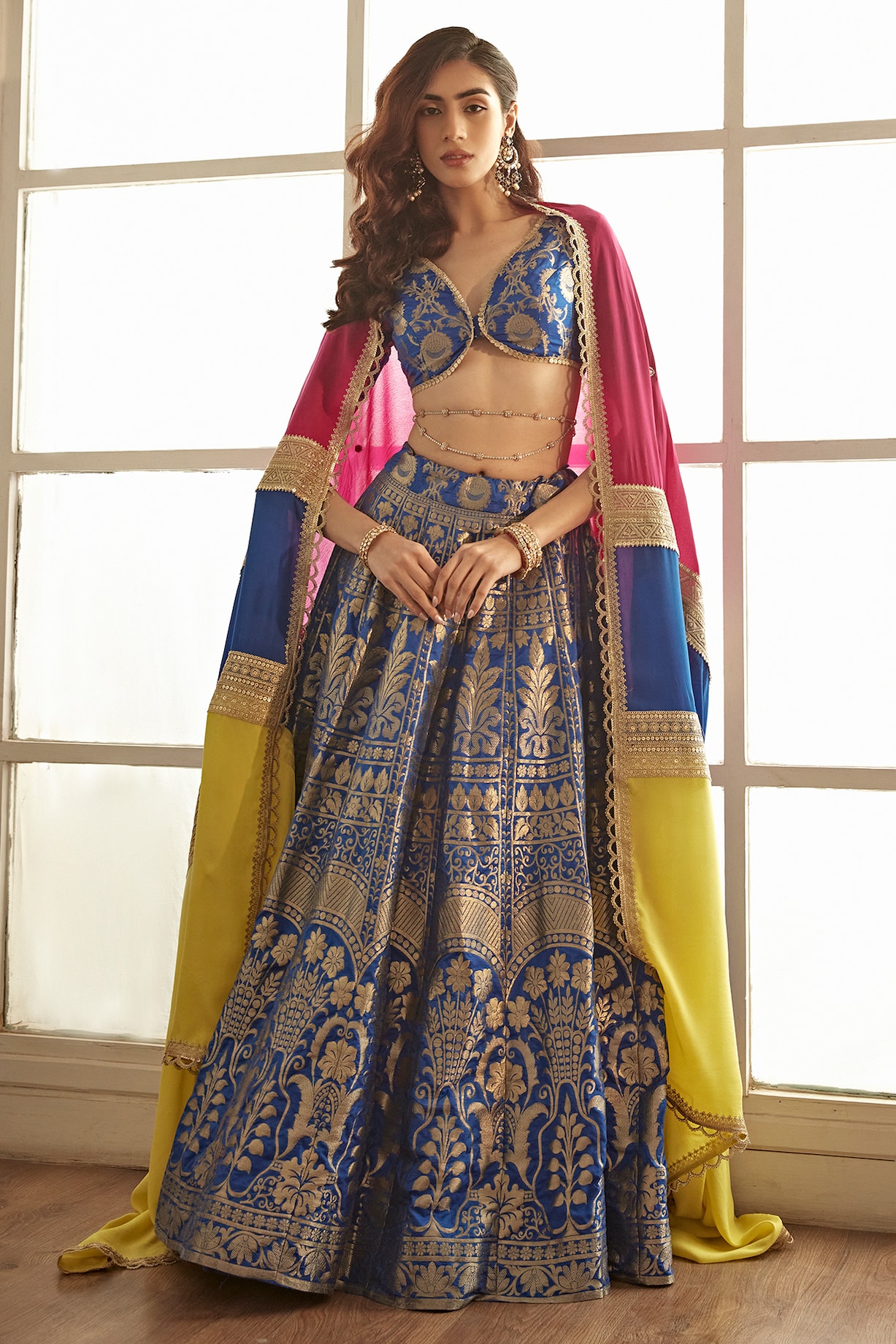 Navy Blue Banarasi Silk Lehenga Set + Black rainbow Sequin Clutch + Meenakari Choker Set - Rent main image 1