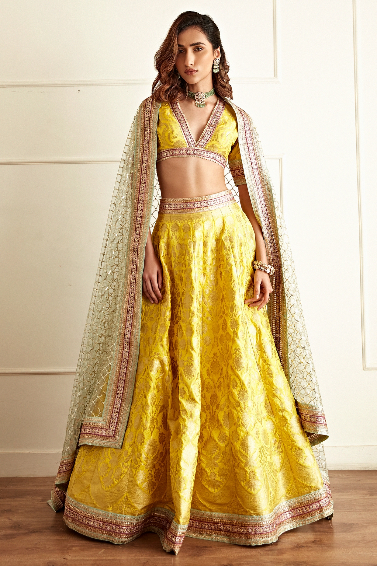 Golden Yellow Silk Embroidered Lehenga Set Design by Joy Mitra at Pernia's  Pop Up Shop 2024