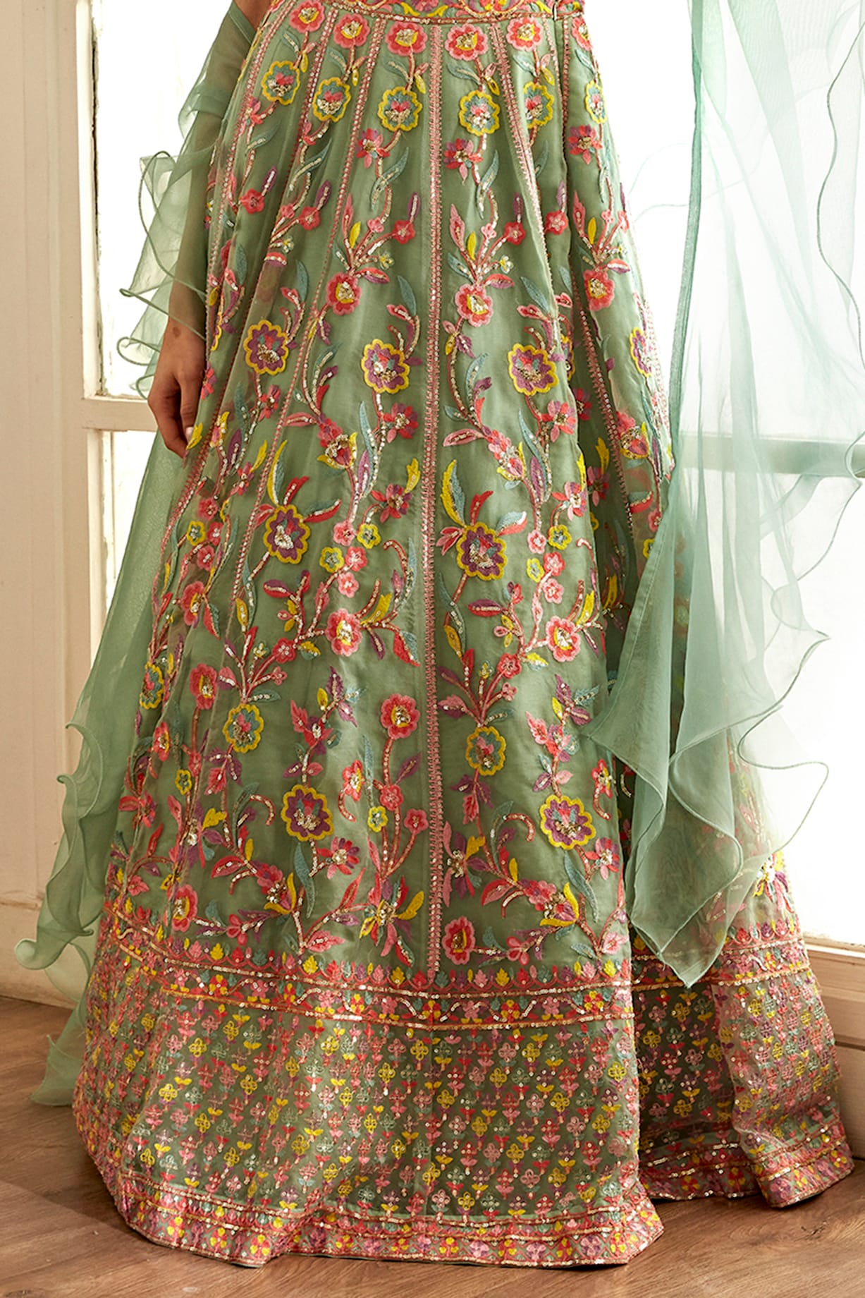 Coral Green Hand Embellished Lehenga Set In Organza Satin