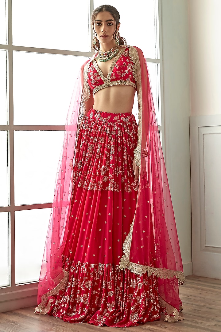 Rani Pink Viscose Georgette Embroidered Lehenga Set by Studio Iris