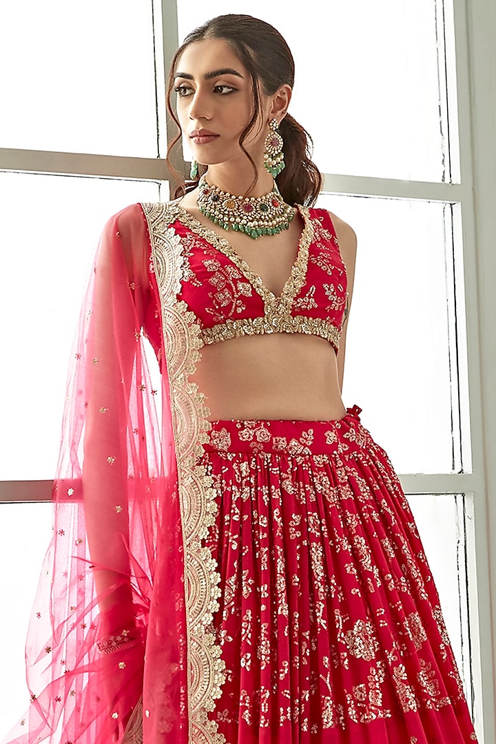 Rani Pink Viscose Georgette Embroidered Wedding Lehenga Set by Studio Iris at Pernia's Pop Up Shop