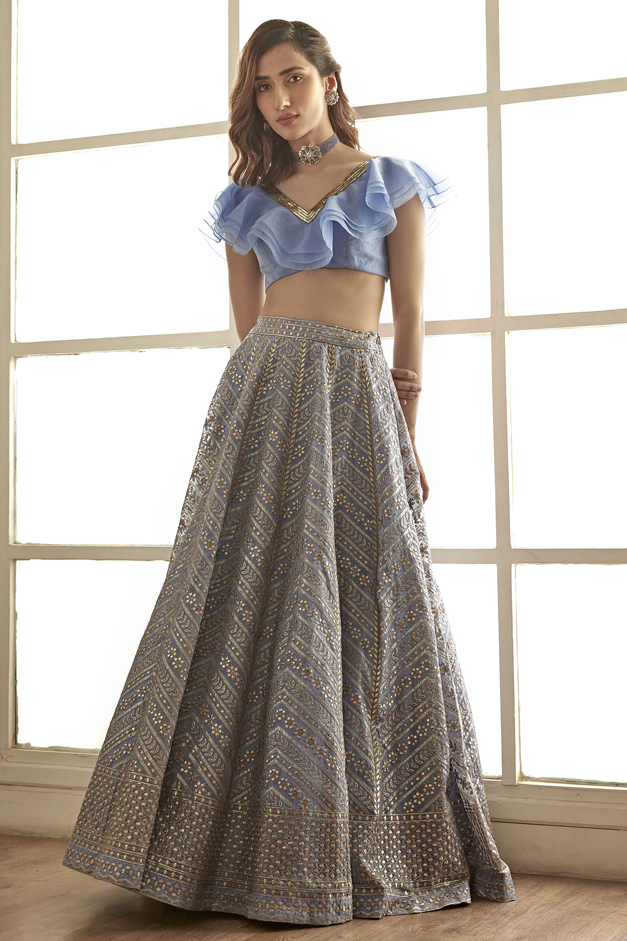 Lavender Organza Foil Work Skirt Set by Studio Iris at