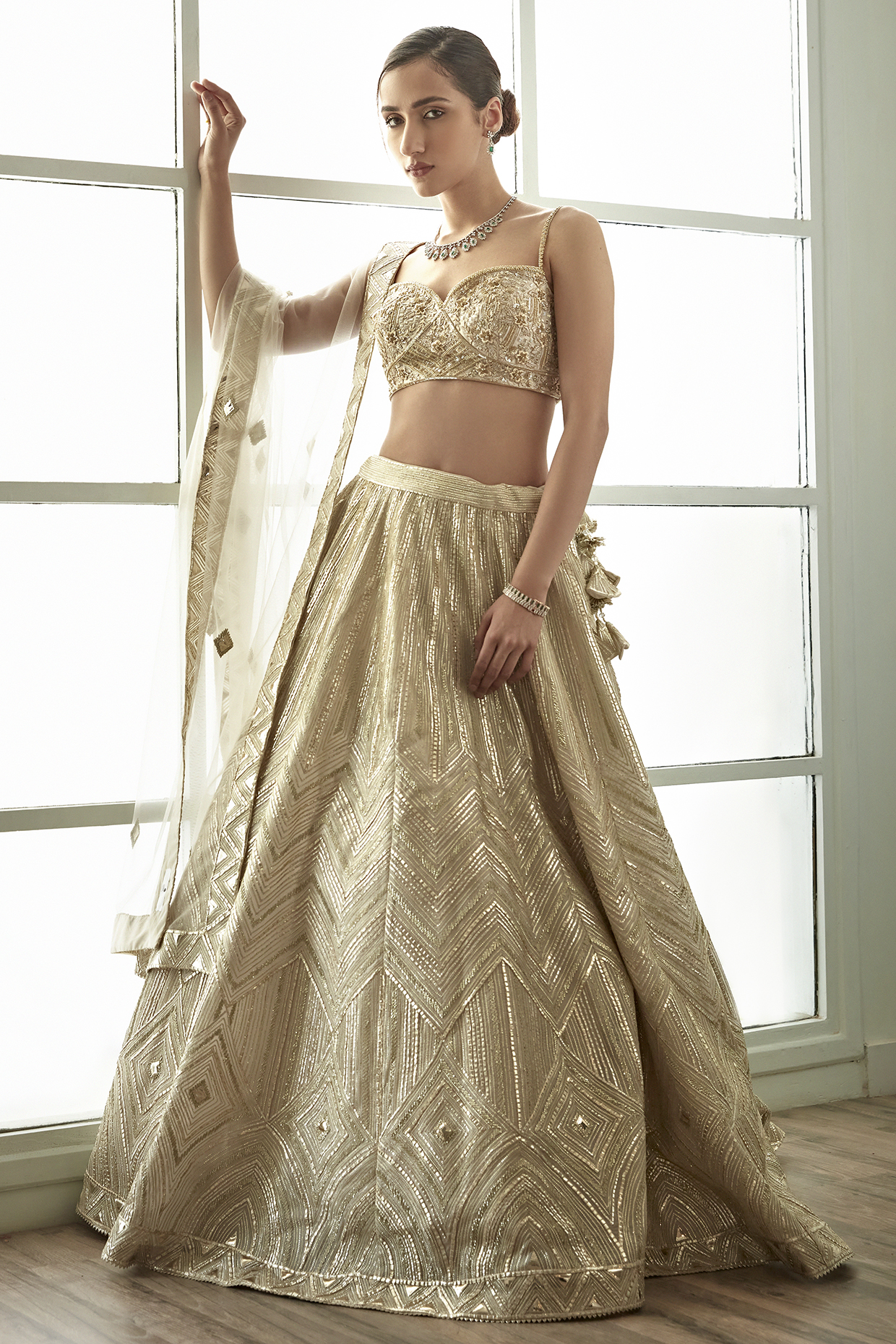 White & Gold Organza Embroidered Lehenga Set by Studio Iris
