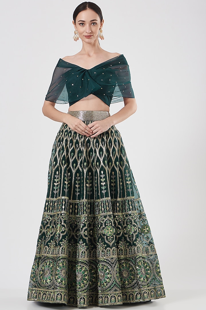 Emerald Green Embroidered Wedding Lehenga Set by Studio Iris at Pernia's Pop Up Shop