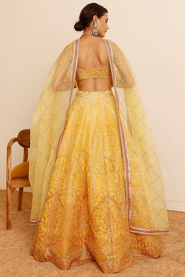 Yellow Organza Embroidered Lehenga Set by Studio Iris