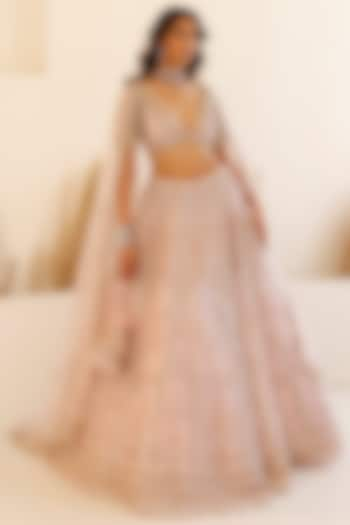 Pastel Rose Gold Organza Hand Embroidered Bridal Lehenga Set by Studio Iris at Pernia's Pop Up Shop