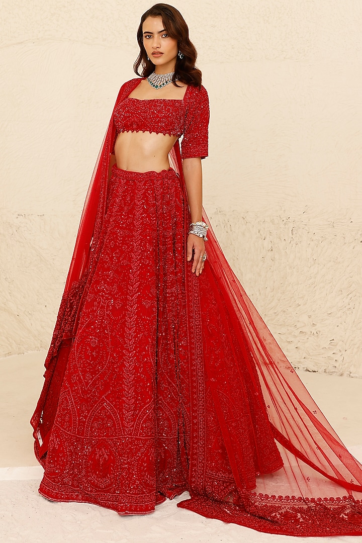 Red Georgette Nalki Embroidered Lehenga Set by Studio Iris