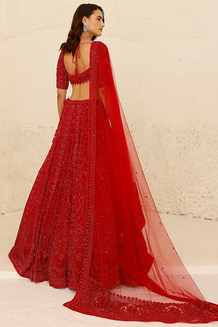 Red Georgette Nalki Embroidered Bridal Lehenga Set by Studio Iris at Pernia's Pop Up Shop