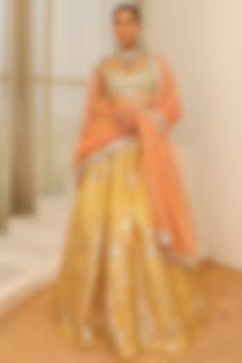 Yellow Organza Foil Work Wedding Lehenga Set by Studio Iris at Pernia's Pop Up Shop