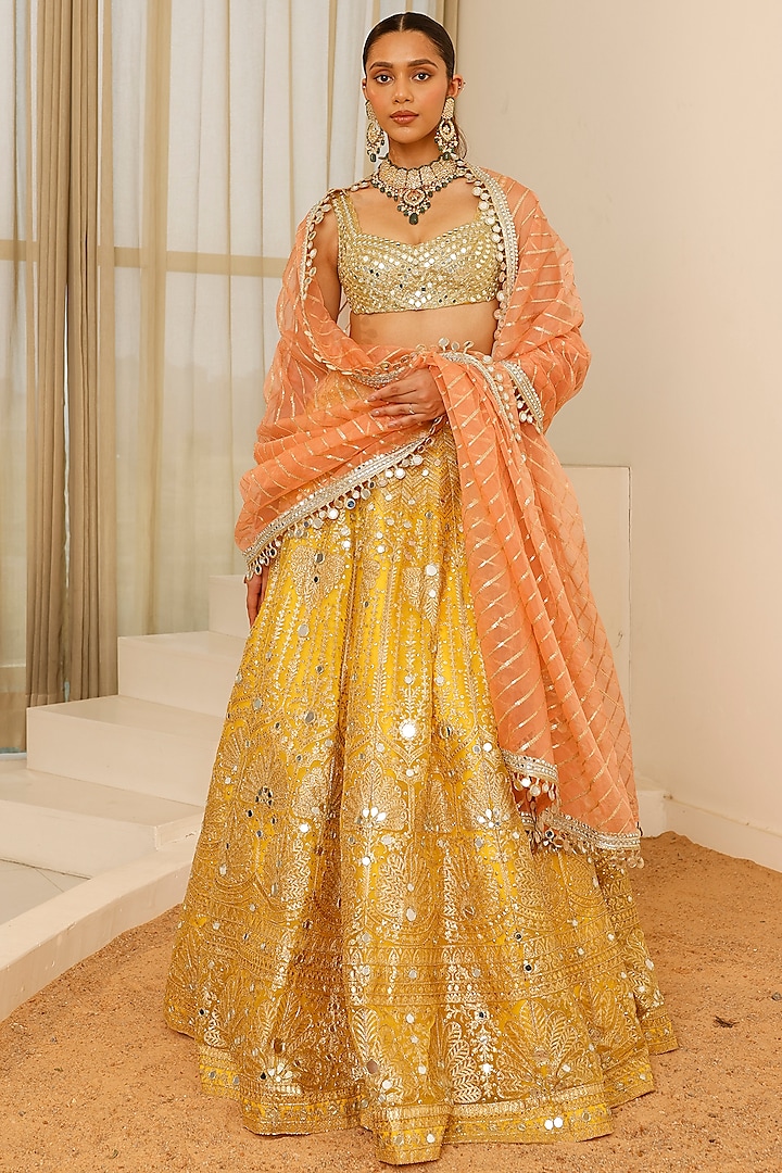 Yellow Organza Foil Work Wedding Lehenga Set by Studio Iris at Pernia's Pop Up Shop