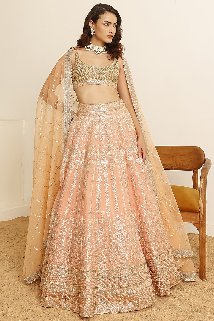 Peach Organza Foil Work Wedding Lehenga Set by Studio Iris at Pernia's Pop Up Shop