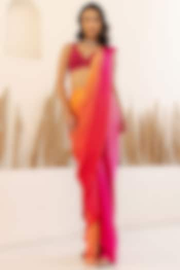 Magenta Pink & Orange Ombre Satin Draped Saree Set by Studio Iris at Pernia's Pop Up Shop