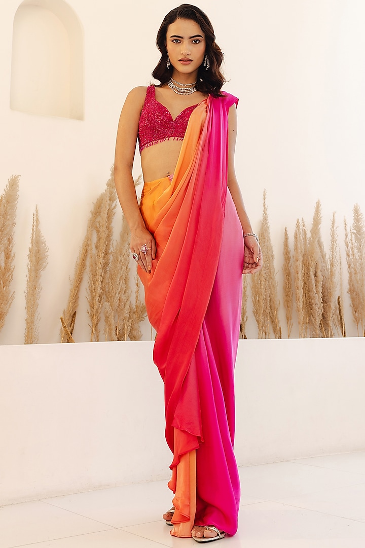 Magenta Pink & Orange Ombre Satin Draped Saree Set by Studio Iris at Pernia's Pop Up Shop