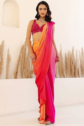 Magenta Pink & Orange Ombre Satin Draped Saree Set by Studio Iris