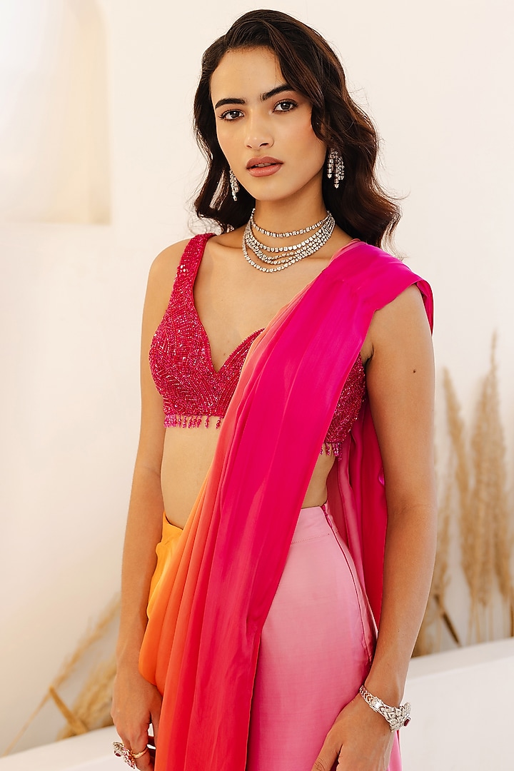 Magenta Pink & Orange Ombre Satin Draped Wedding Saree Set by Studio Iris at Pernia's Pop Up Shop