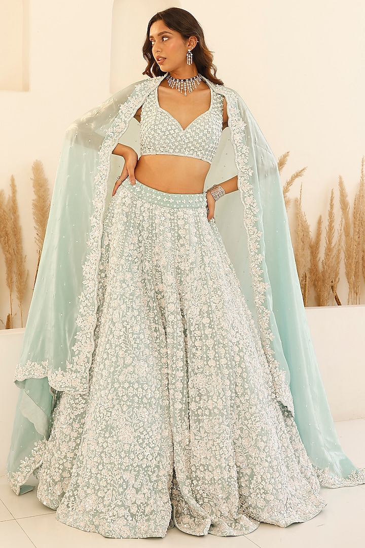 Ice Blue Organza Sequins Floral Embroidered Lehenga Set by Studio Iris