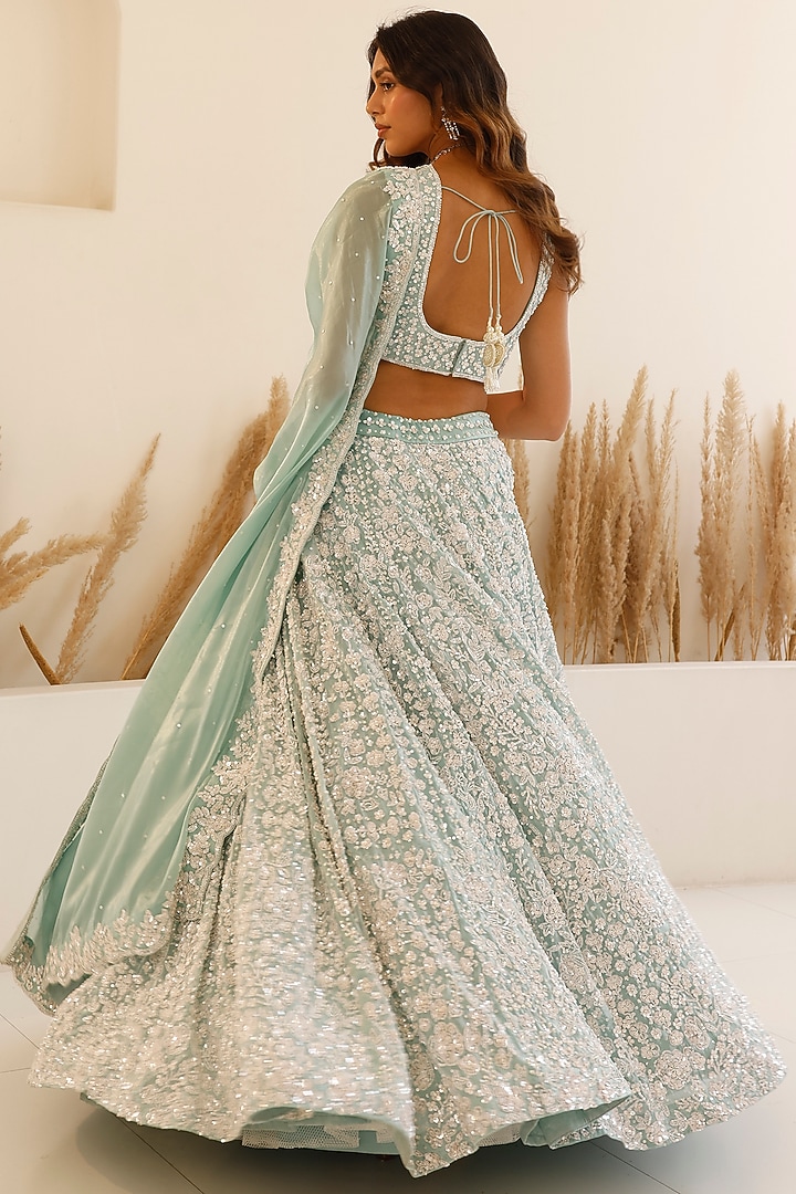 Ice Blue Organza Sequins Floral Embroidered Wedding Lehenga Set by Studio Iris at Pernia's Pop Up Shop