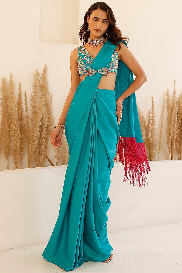 Pine Green Soft Silk Draped Saree Set by Studio Iris at Pernia's Pop Up Shop