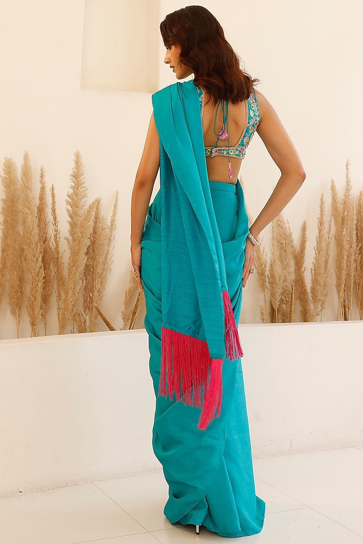 Pine Green Soft Silk Draped Party Wear Saree Set by Studio Iris at Pernia's Pop Up Shop