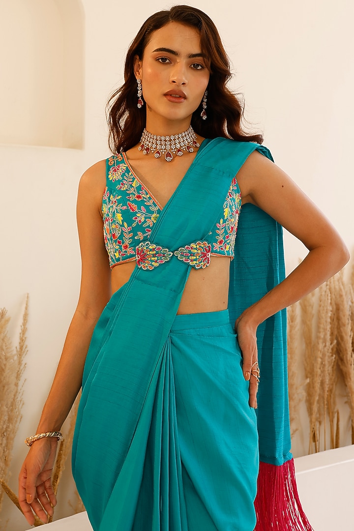Pine Green Soft Silk Draped Party Wear Saree Set by Studio Iris at Pernia's Pop Up Shop