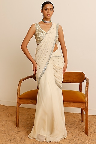 Ivory Georgette Sequins Embroidered Saree Set by Studio Iris