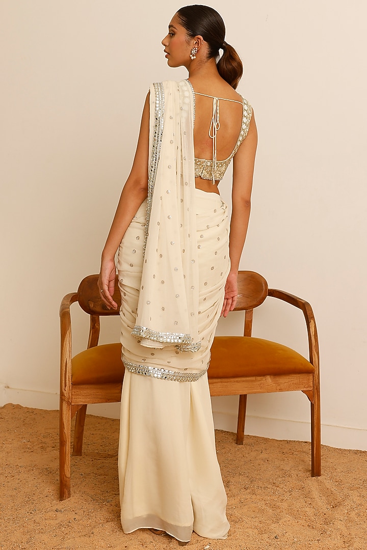 Ivory Georgette Sequins Embroidered Wedding Saree Set by Studio Iris at Pernia's Pop Up Shop