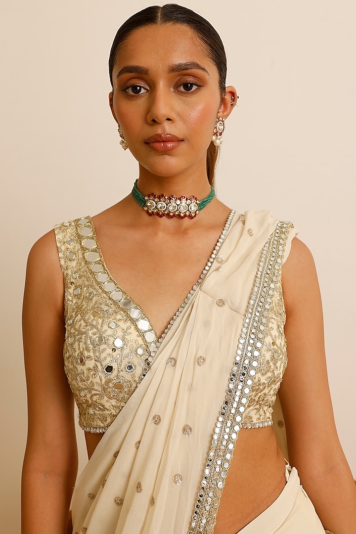 Ivory Georgette Sequins Embroidered Wedding Saree Set by Studio Iris at Pernia's Pop Up Shop