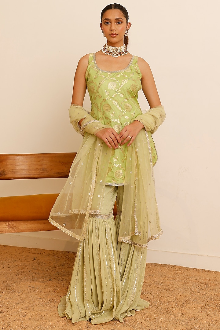 Lime Yellow Pure Georgette Banarasi Sharara Set by Studio Iris at Pernia's Pop Up Shop