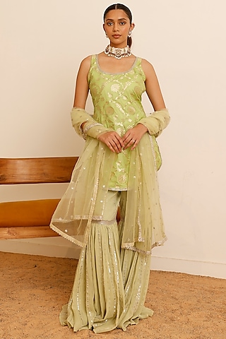 Lime Yellow Pure Georgette Banarasi Sharara Set by Studio Iris