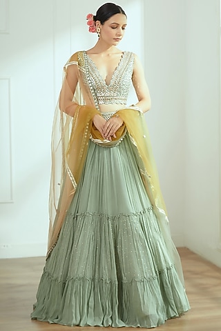 Sage Green Embroidered Lehenga Set by Studio Iris
