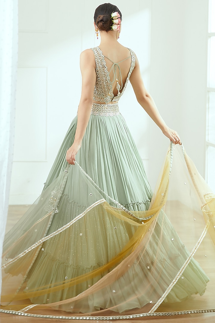 Sage Green Embroidered Wedding Lehenga Set by Studio Iris at Pernia's Pop Up Shop