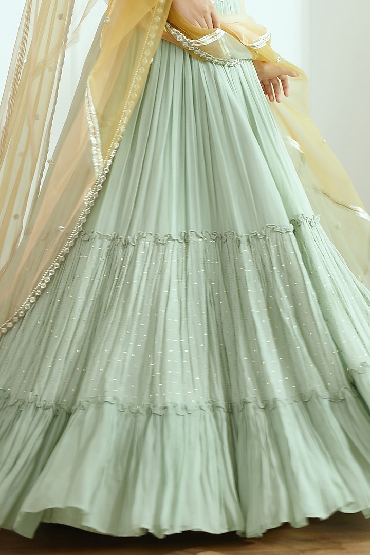 Sage Green Embroidered Wedding Lehenga Set by Studio Iris at Pernia's Pop Up Shop