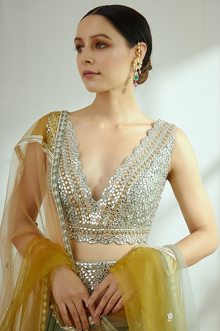 Sage Green Embroidered Wedding Lehenga Set by Studio Iris at Pernia's Pop Up Shop