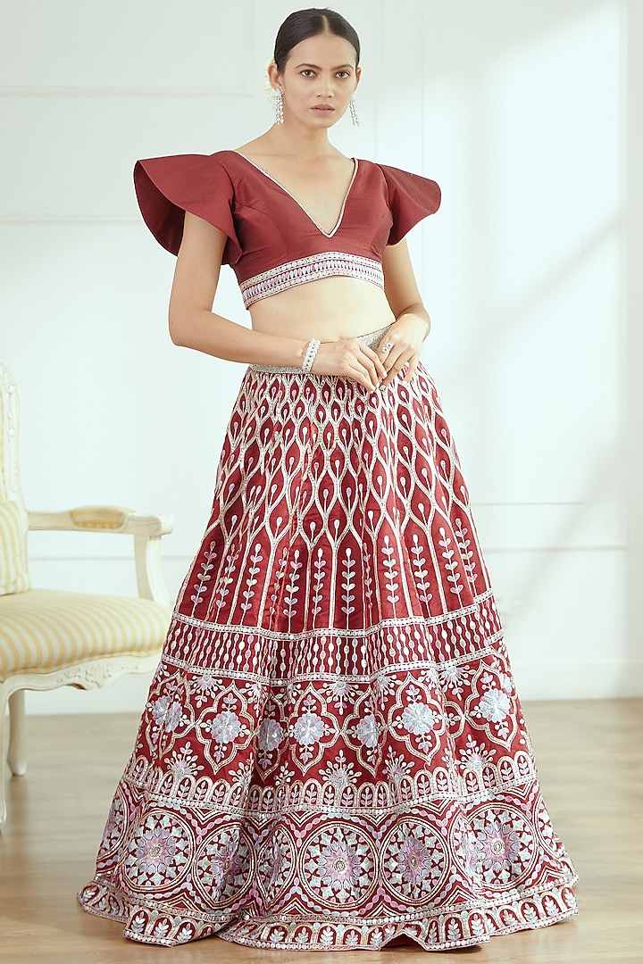 Crimson Embroidered Wedding Lehenga Set by Studio Iris at Pernia's Pop Up Shop