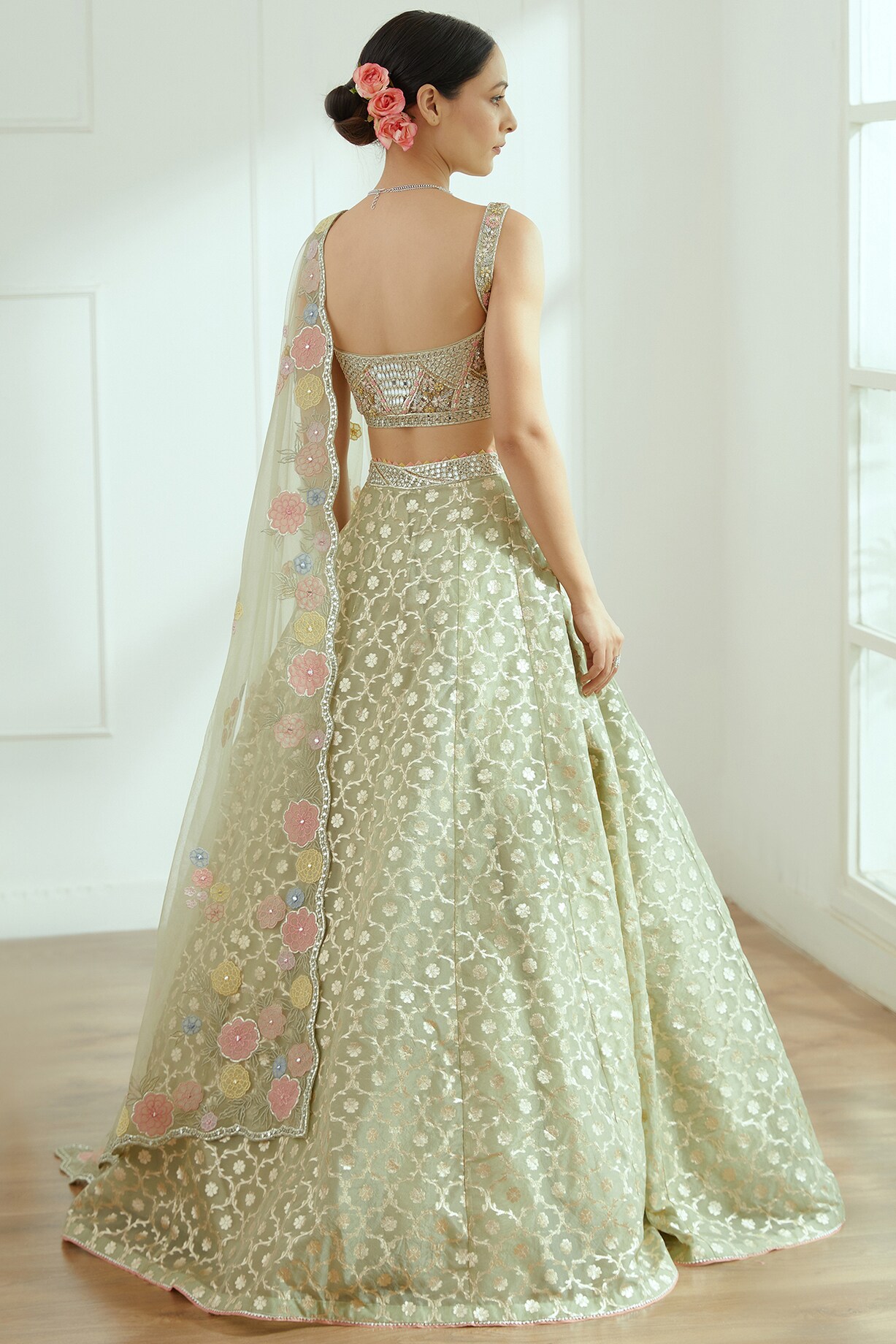 Floral Olive Green Tier Lehenga Set