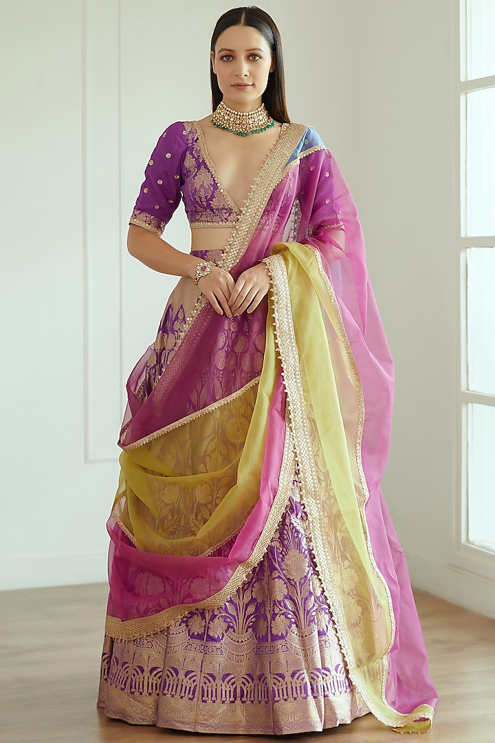 Purple Banarasi Silk Wedding Lehenga Set by Studio Iris at Pernia's Pop Up Shop