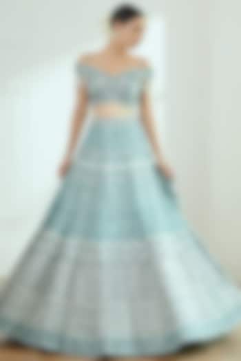 Frosty Blue Embroidered Bridal Lehenga Set by Studio Iris at Pernia's Pop Up Shop