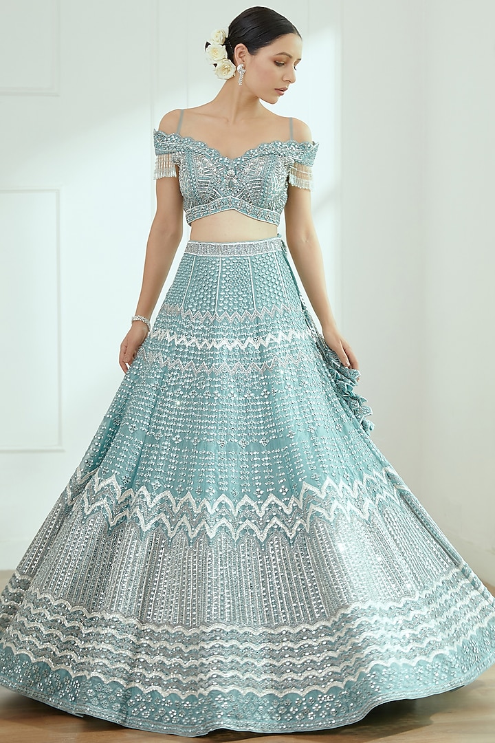 Frosty Blue Embroidered Bridal Lehenga Set by Studio Iris at Pernia's Pop Up Shop
