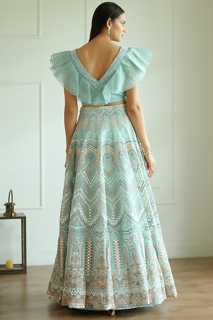 Sky Blue Mirror Embroidered Wedding Lehenga Set by Studio Iris at Pernia's Pop Up Shop