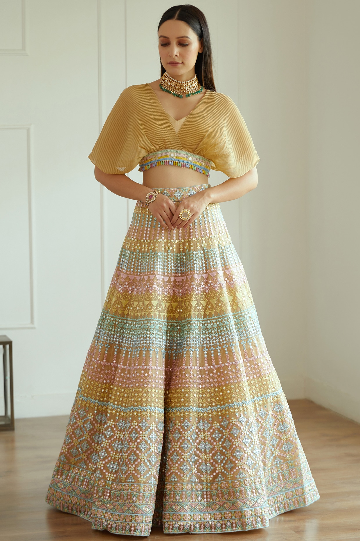 Shop Peach Net Designer Umbrella Lehenga Wedding Wear Online at Best Price  | Cbazaar