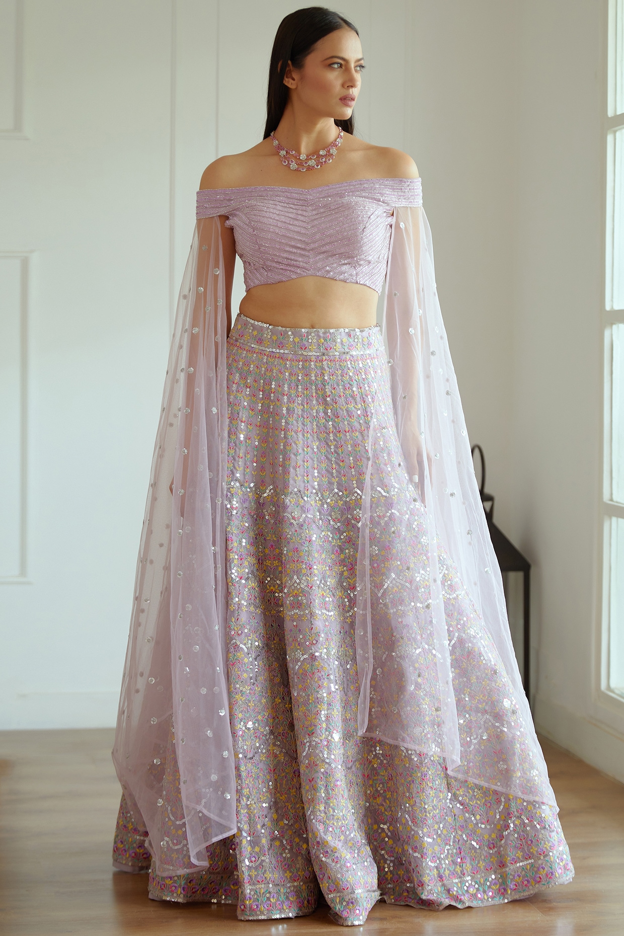 Yellow Cut-Glass Lehenga With Pink Off Shoulder Blouse – Shivali Arora