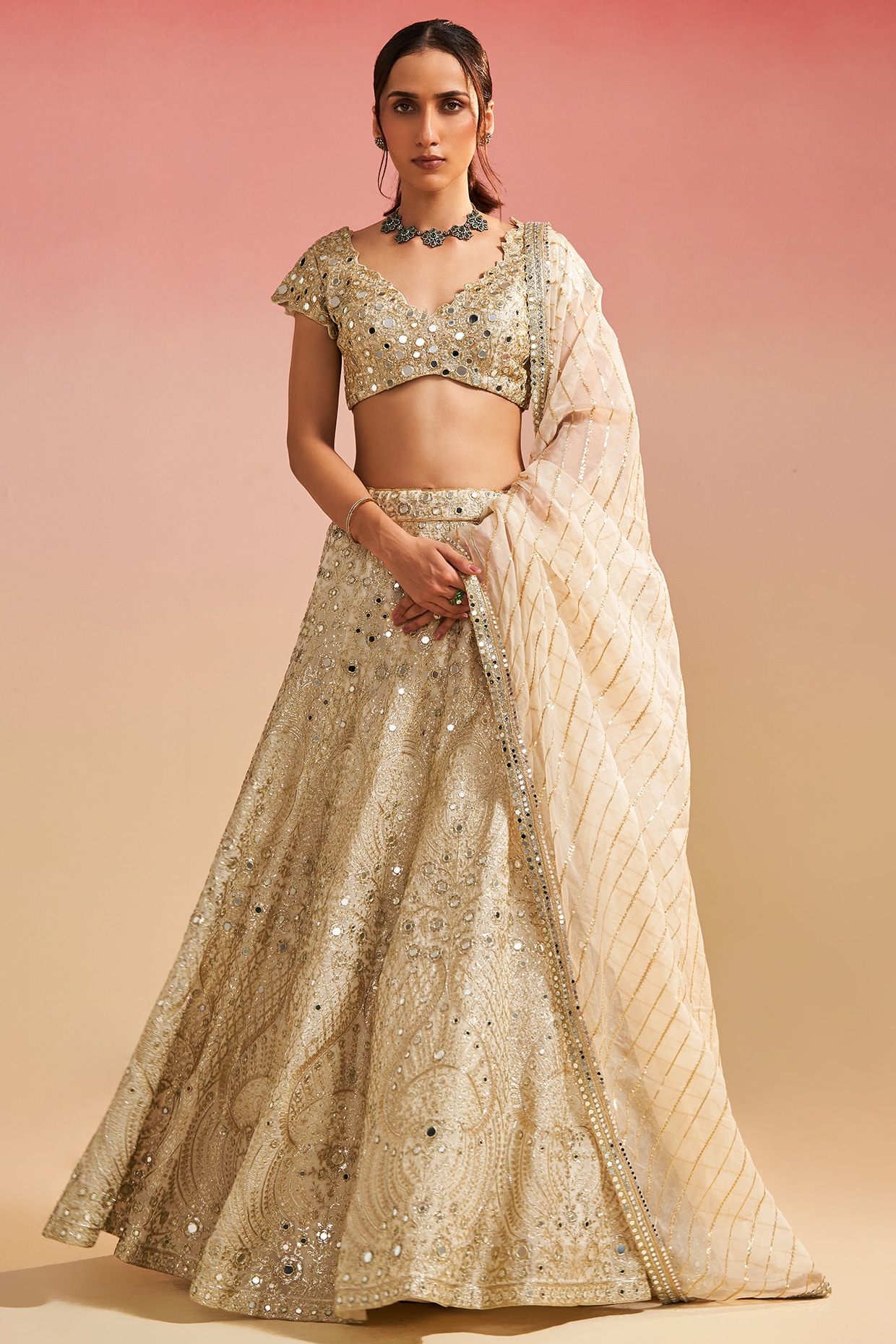 Off White Heavy Mirror Embroidered Wedding Lehenga With Embellished Blouse  and Matching Dupatta - Etsy Hong Kong