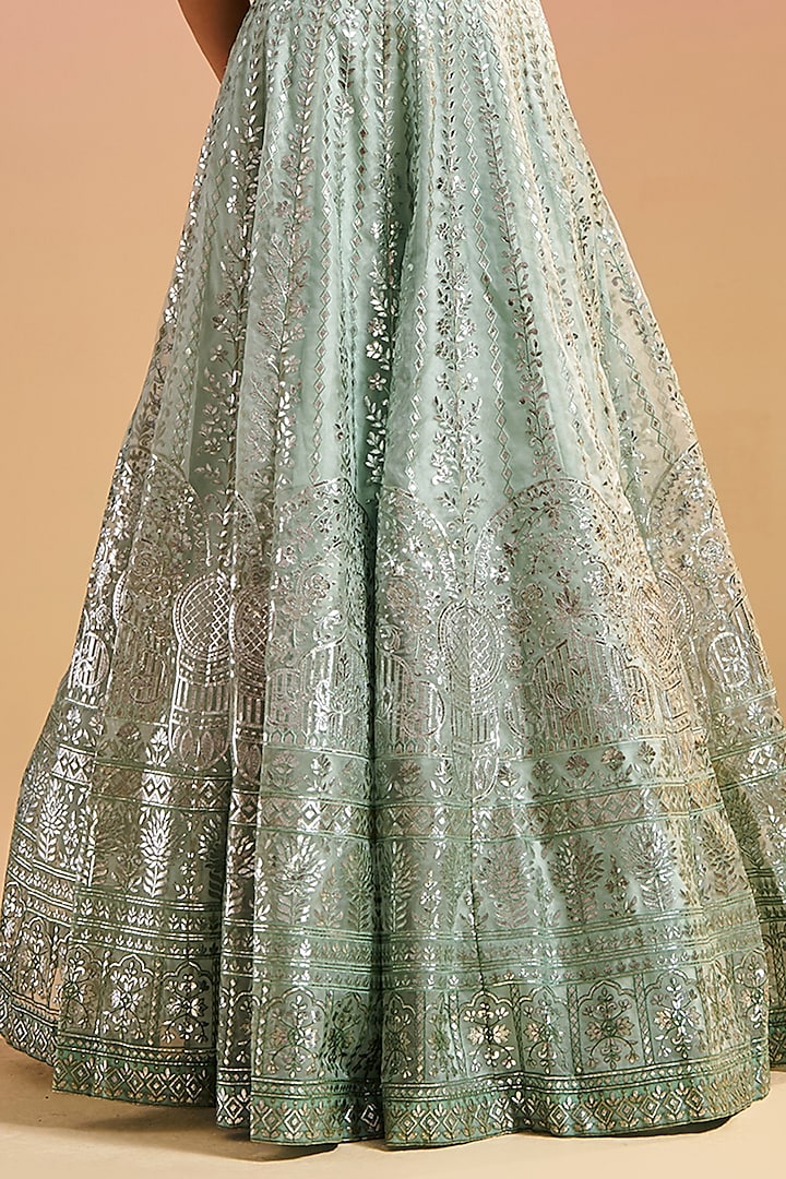 Sea Green Organza Sequins Embroidered Wedding Lehenga Set by Studio Iris at Pernia's Pop Up Shop