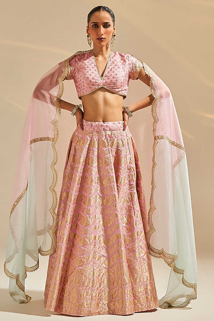 Pink Banarasi Silk Lehenga Set by Studio Iris at Pernia's Pop Up Shop